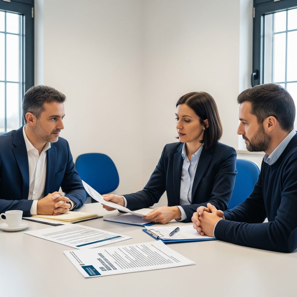 documento valutazione dei rischi: Una riunione tra datore di lavoro, RSPP e preposto per discutere l'aggiornamento del DVR e pianificare la formazione sulla sicurezza.