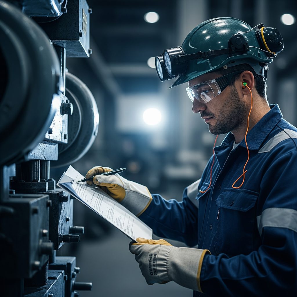 documento valutazione dei rischi: Un lavoratore che indossa dispositivi di protezione individuale (DPI) e segue le istruzioni di sicurezza, basate sul DVR, in un ambiente industriale.