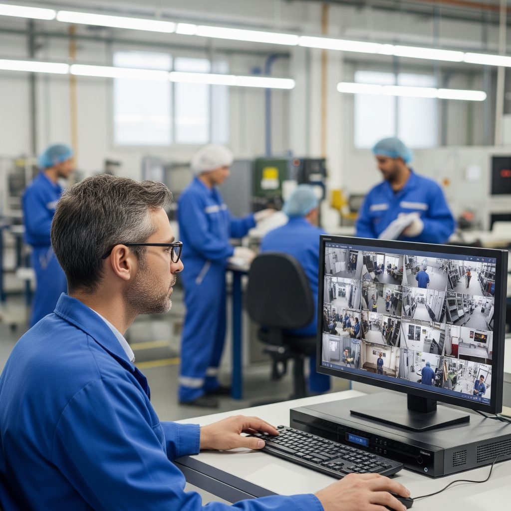 DVR: Un datore di lavoro che esamina un DVR aggiornato in un ambiente di lavoro, con lavoratori che seguono le procedure di sicurezza.