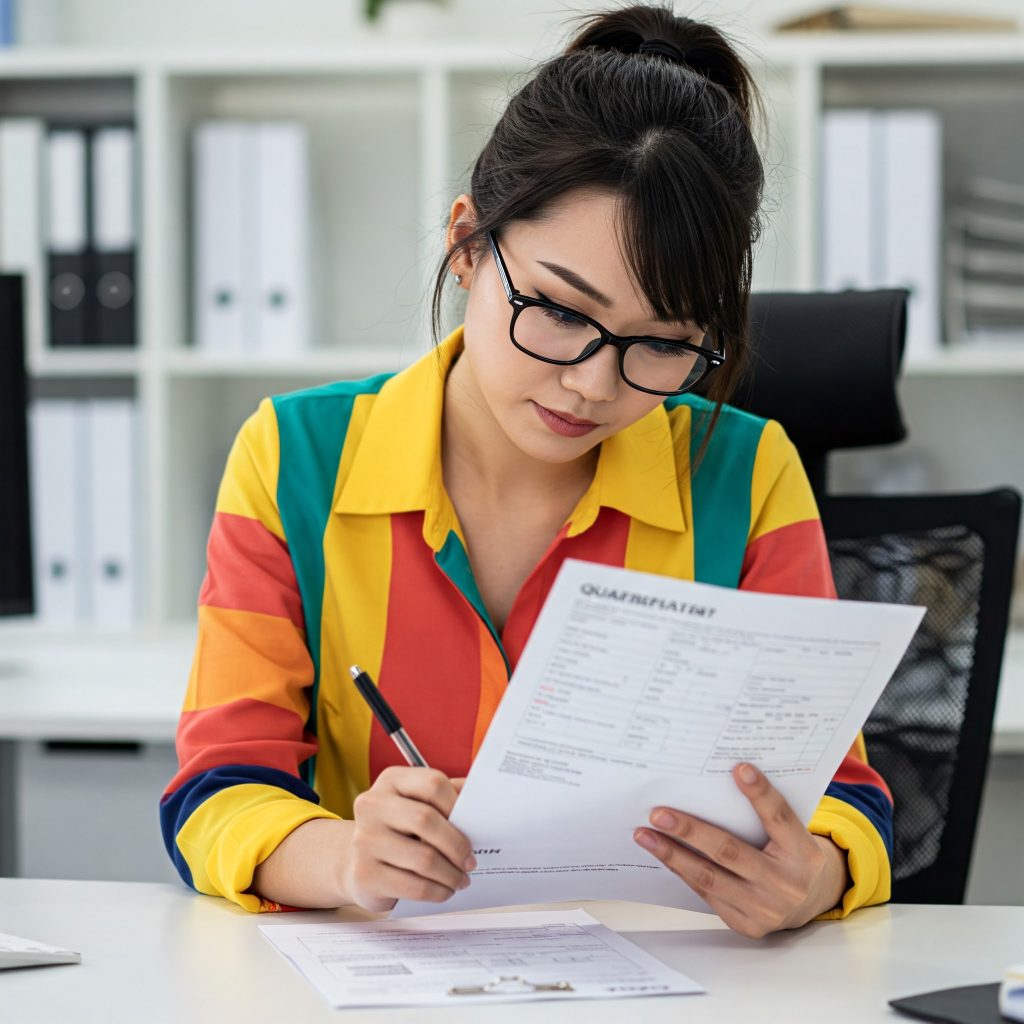 Una donna lavoratrice, giovane, asiatica, intenta a compilare un questionario claustrofobia, compilandolo con attenzione.