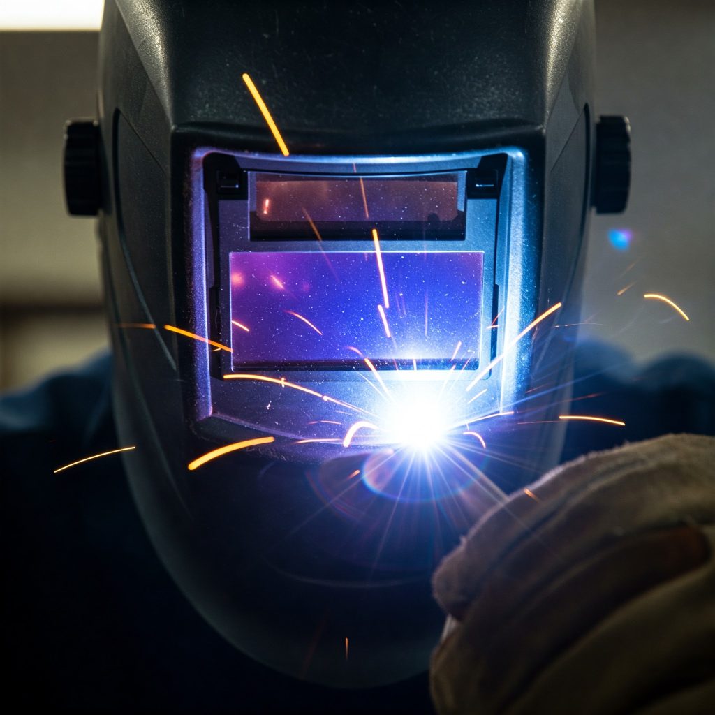 Rischi della saldatura: Primo piano dettagliato degli occhi di un saldatore protetti da una maschera da saldatura con filtro ottico avanzato, mentre osserva attentamente l'arco di saldatura. Le radiazioni UV e IR sono rappresentate come raggi luminosi che colpiscono la maschera