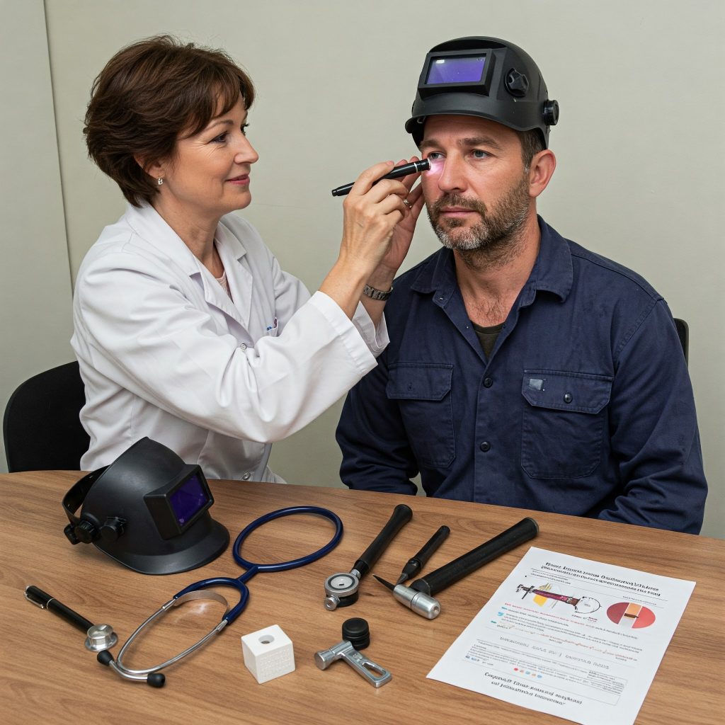 Rischi della saldatura: Un medico competente aziendale che esamina un saldatore durante una visita medica periodica. Sul tavolo ci sono strumenti medici e un foglio con i risultati della valutazione dei rischi da radiazioni ottiche artificiali.