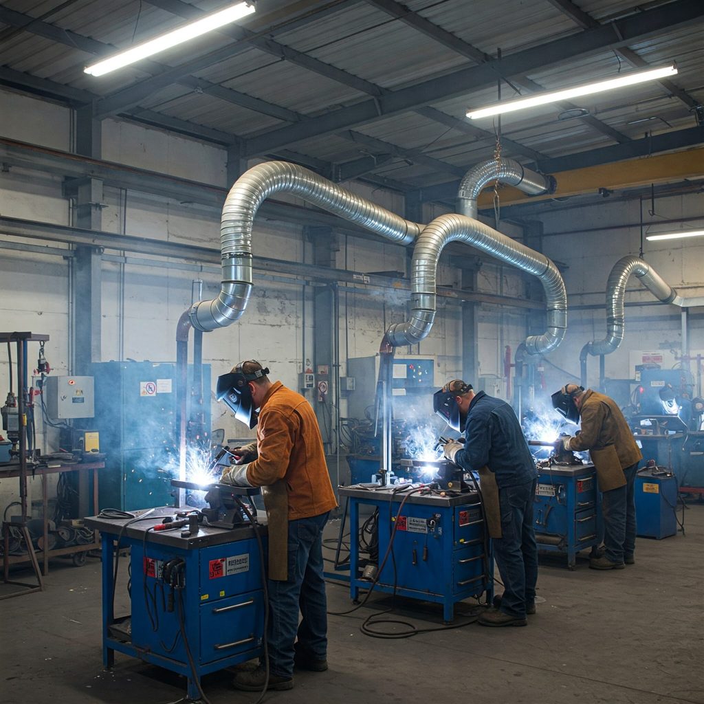 Rischi della saldatura: Una sala di saldatura moderna con diverse postazioni di lavoro. I saldatori indossano maschere auto-oscuranti e utilizzano sistemi di aspirazione localizzata per ridurre l'esposizione ai fumi tossici. L'ambiente è leggermente offuscato dai fumi di saldatura. 