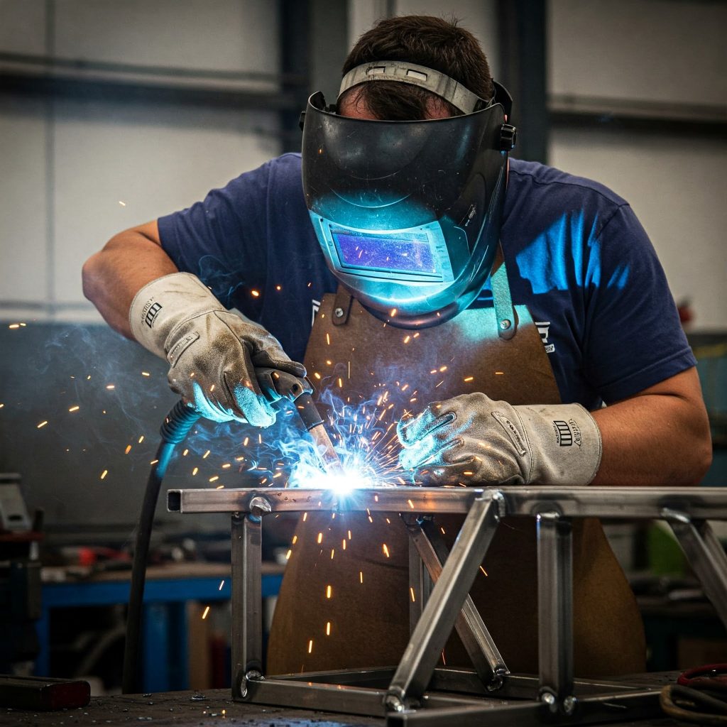 Rischi della saldatura: Il dettaglio delle mani di un saldatore che indossa guanti resistenti al calore mentre tiene un pezzo di metallo appena saldato. Il metallo emana calore e piccole scintille residue sono visibili intorno alla zona di lavoro.