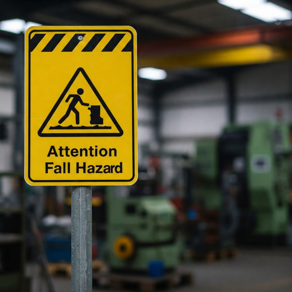 Rischio sul lavoro: Un estintore è appeso a una parete in un corridoio. Un cartello indica la posizione dell'estintore. Lo sfondo è un ufficio o un ambiente di lavoro