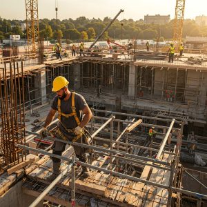 Rischio sul lavoro - Un operaio edile indossa un casco protettivo e un'imbracatura di sicurezza mentre lavora su un'impalcatura. Sullo sfondo, un cantiere con gru e altri operai al lavoro