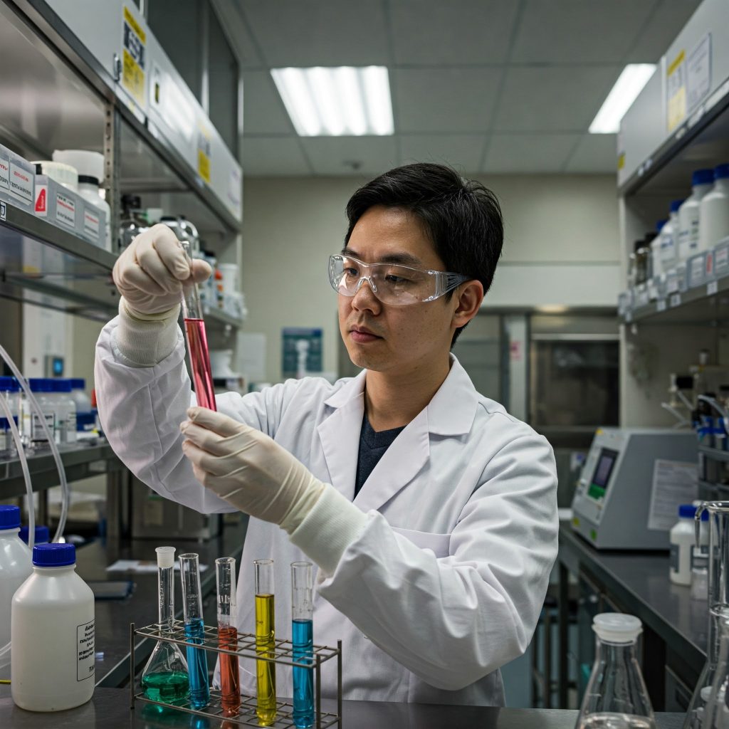 Rischio sul lavoro - Un chimico indossa guanti, occhiali protettivi e un camice da laboratorio mentre maneggia provette e sostanze chimiche in un laboratorio ben attrezzato.
