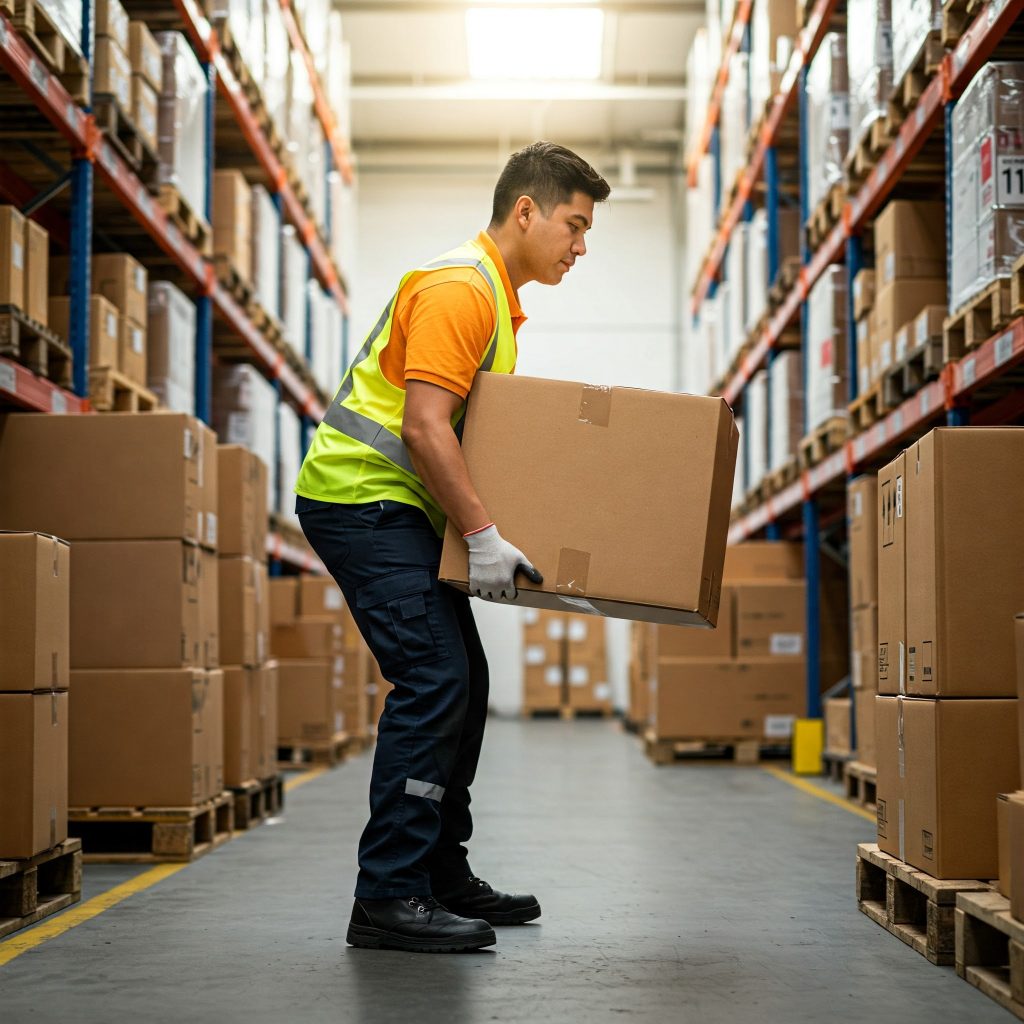 Rischio sul lavoro - Un operaio solleva una scatola pesante in un magazzino, utilizzando una tecnica di sollevamento corretta: schiena dritta, gambe piegate. Altre scatole e scaffali sono visibili sullo sfondo