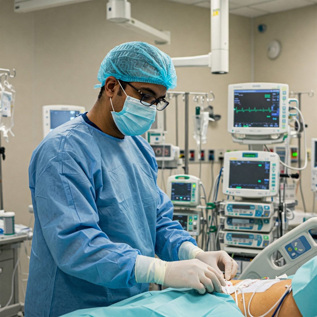 Rischio sul lavoro - Un medico o un'infermiera indossa una mascherina, guanti e un camice sterile mentre si prende cura di un paziente in una stanza d'ospedale. Attrezzature mediche moderne sono visibili sullo sfondo