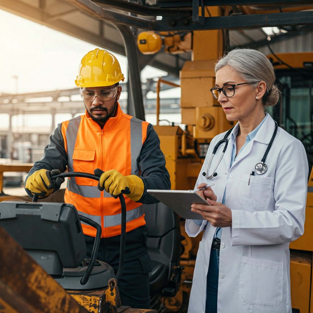 Allegato 3B - Un lavoratore indossa un casco protettivo e altri dispositivi di protezione individuale (DPI) in un ambiente industriale. Il medico competente osserva la scena, prendendo appunti su un tablet. L'immagine trasmette un senso di sicurezza e prevenzione.