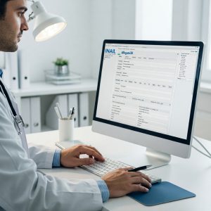 Rischio sul lavoro - Un operaio edile indossa un casco protettivo e un'imbracatura di sicurezza mentre lavora su un'impalcatura. Sullo sfondo, un cantiere con gru e altri operai al lavoro