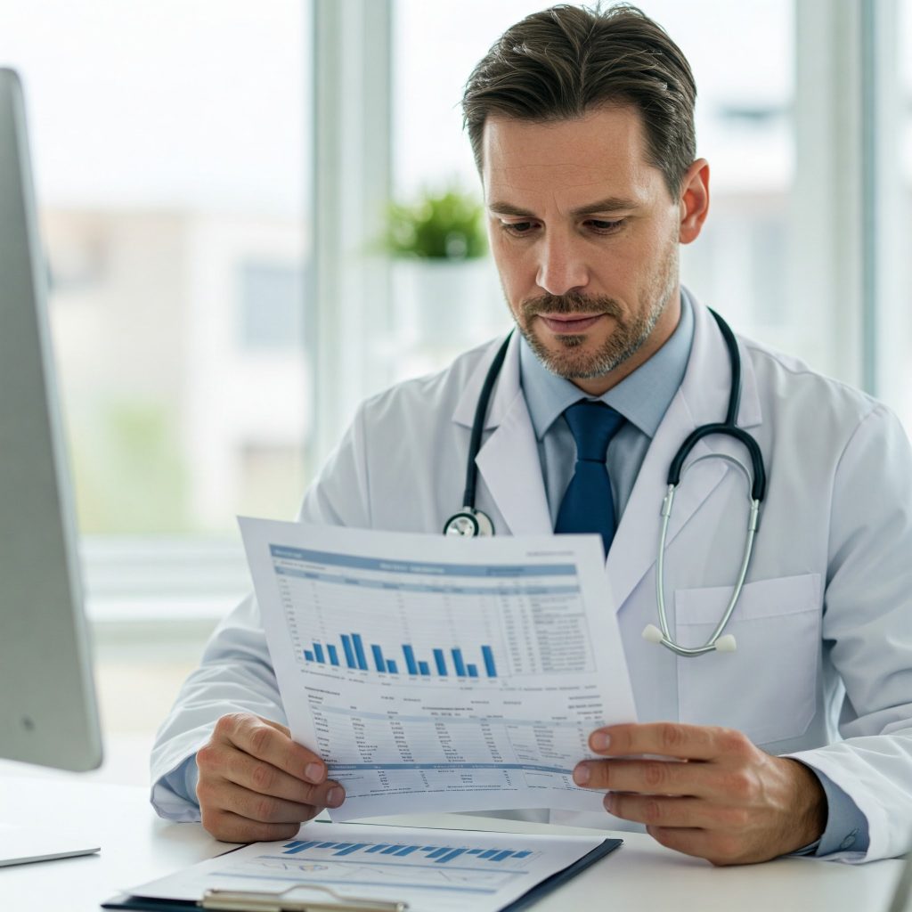 Allegato 3B Un medico competente in camice bianco, con uno stetoscopio al collo, mentre esamina attentamente un documento cartaceo con tabelle e grafici. L'ambiente è uno studio medico luminoso e moderno, con un computer sullo sfondo