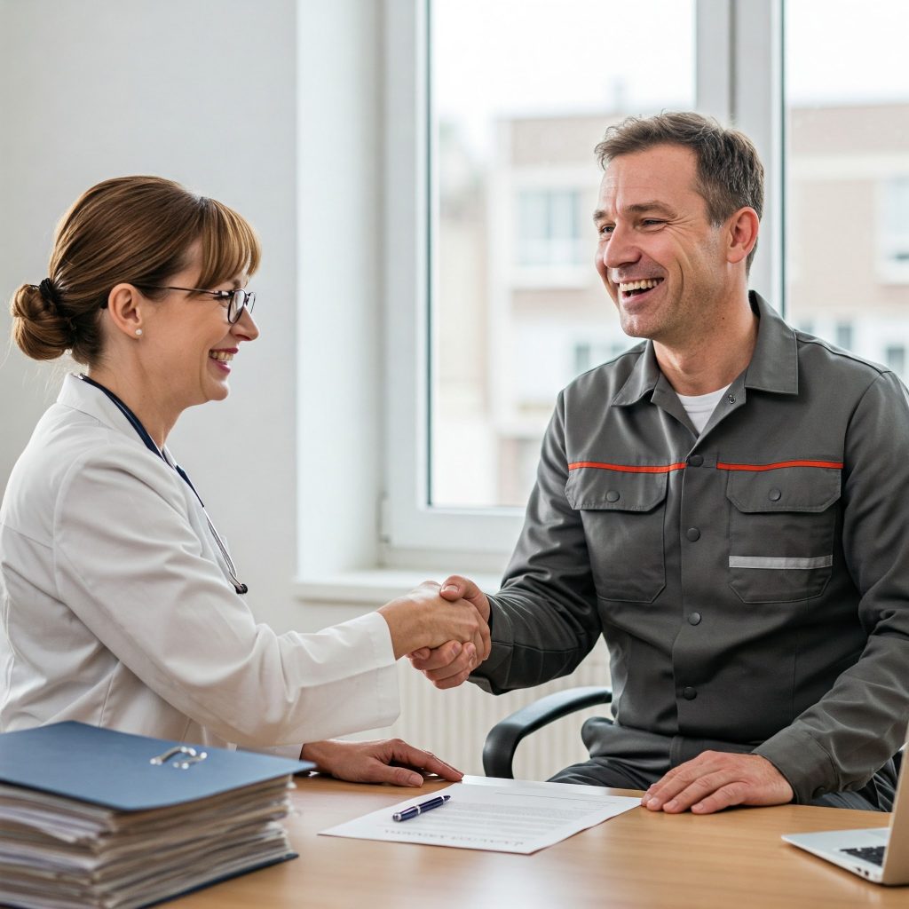 Allegato 3B - Un lavoratore sorride dopo aver ricevuto il giudizio di idoneità al lavoro dal medico competente. L'immagine deve trasmettere un senso di benessere e sicurezza sul lavoro. Il medico competente stringe la mano al lavoratore