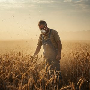 Allergie professionali: Un lavoratore agricolo con una maschera protettiva che lavora in un campo pieno di polvere e polline
