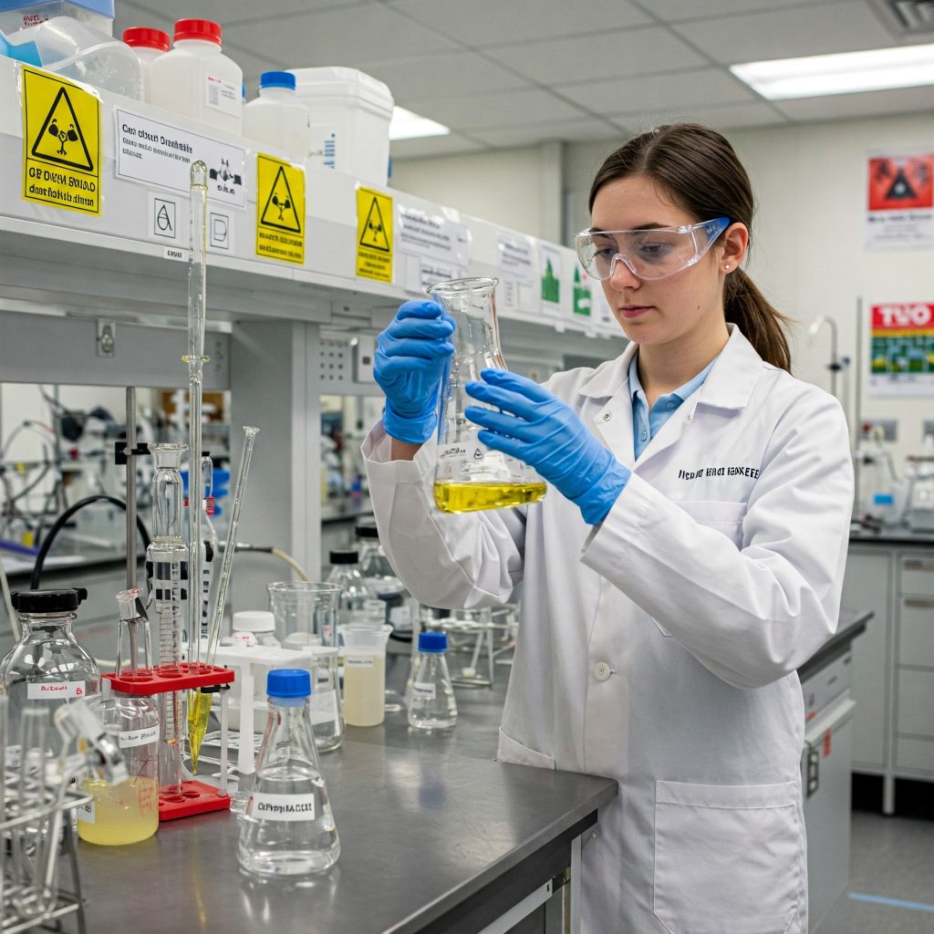 Allergie professionali: Un laboratorio chimico con un tecnico che indossa guanti e occhiali protettivi, che manipola sostanze chimiche che causano dermatite da contatto allergica.