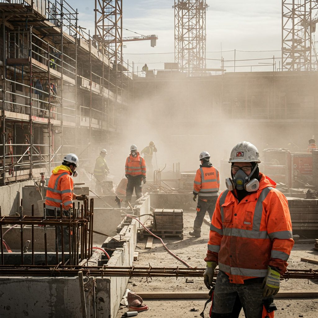 Allergie professionali: Un cantiere edile con operai che indossano dispositivi di protezione individuale (DPI) per proteggersi da polveri e sostanze irritanti che provocano allergie respiratorie.