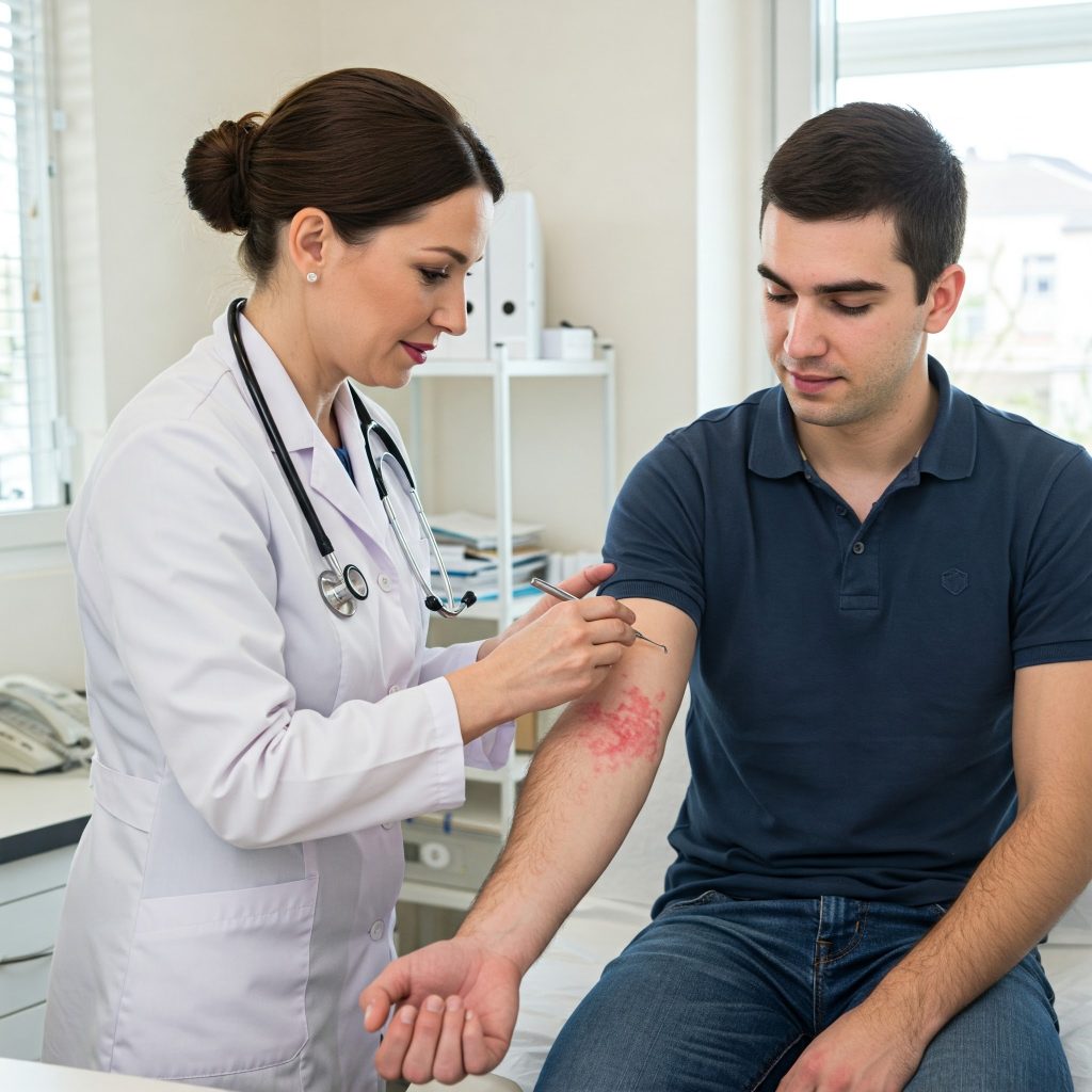 Allergie professionali: Un medico del lavoro che esamina un lavoratore con eruzioni cutanee causate da allergia da contatto, in un ambulatorio medico.