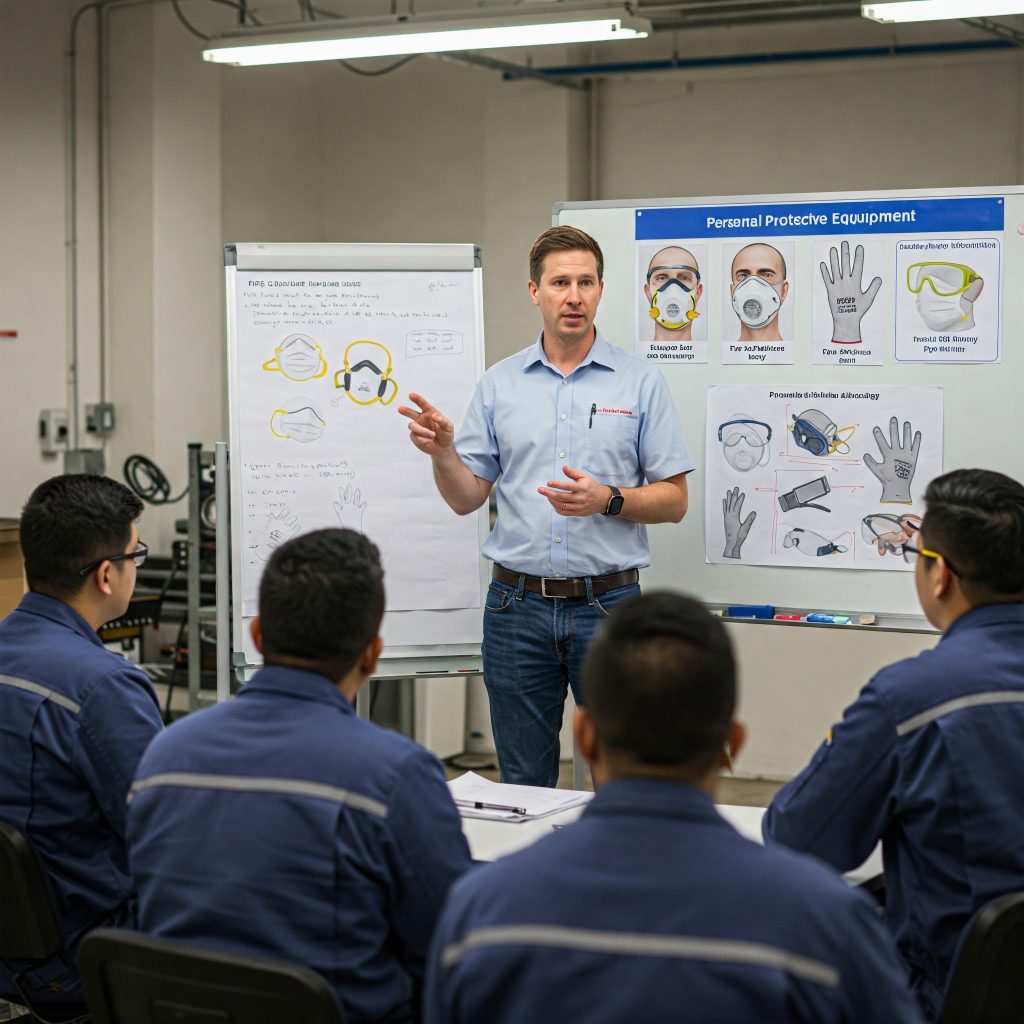 Allergie professionali: Una riunione di sicurezza sul lavoro in cui un esperto spiega ai lavoratori l'importanza dei DPI per prevenire le allergie professionali, con immagini di mascherine, guanti e occhiali protettivi.