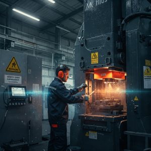 Rischio Rumore: Immagine realistica di un ambiente industriale moderno con macchinari pesanti in funzione, che generano rumore elevato. Un lavoratore indossa cuffie antirumore mentre opera vicino a una pressa meccanica. L'atmosfera è dinamica, con vibrazioni sonore visibili nell'aria e segnali di sicurezza acustica sulle pareti."