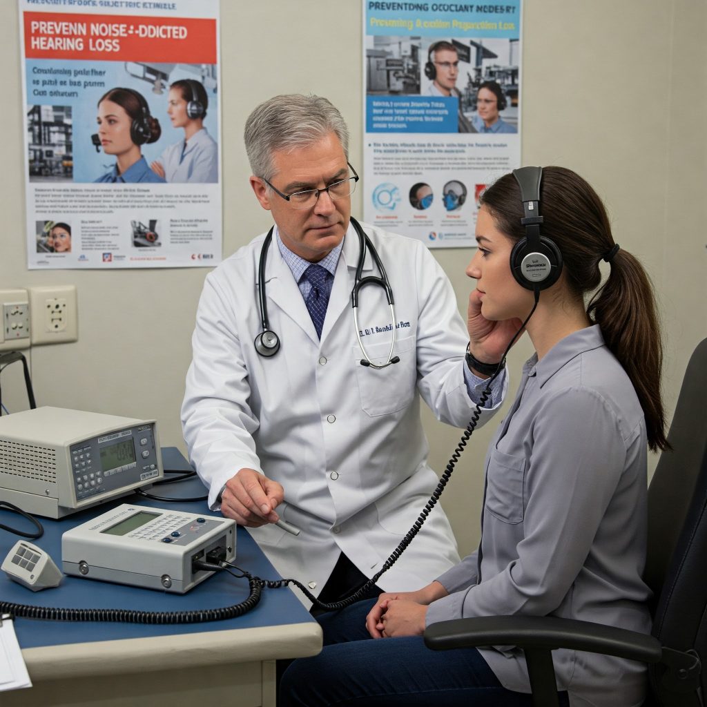 Rischio Rumore: Scena realistica di un medico del lavoro che esegue un controllo audiometrico su un paziente in un ambulatorio dedicato alla medicina del lavoro. Strumenti audiometrici professionali sono visibili sul tavolo, mentre il paziente indossa delle cuffie per l’esame. Sullo sfondo, poster informativi sulla prevenzione della sordità da rumore.
