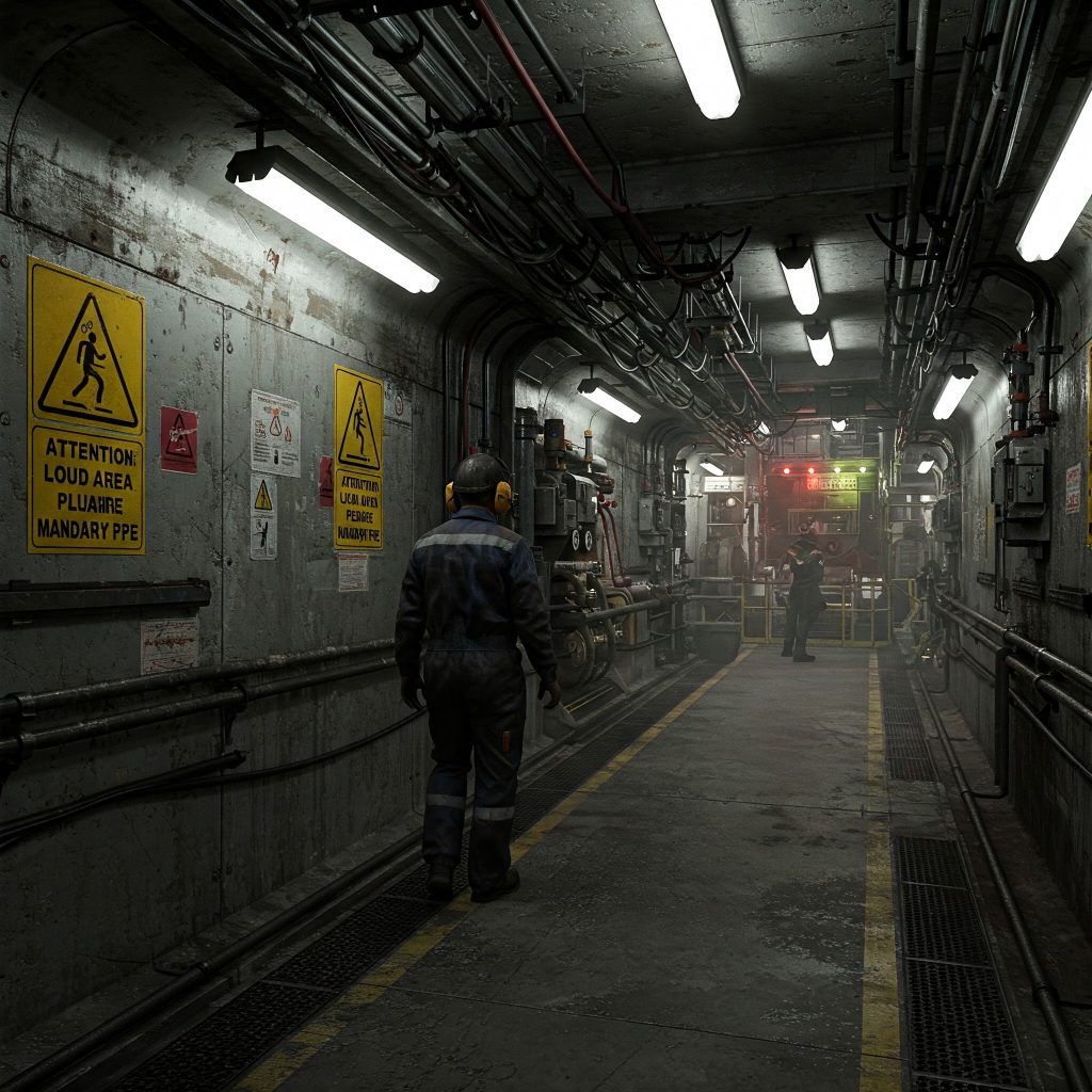 Rischio Rumore: Immagine realistica di un corridoio industriale con cartelli di sicurezza ben visibili che indicano 'Attenzione: Zona Rumorosa - DPI Obbligatori'. Un lavoratore passa davanti ai cartelli indossando cuffie antirumore, mentre sullo sfondo si vedono macchinari in funzione e luci lampeggianti di avvertimento."