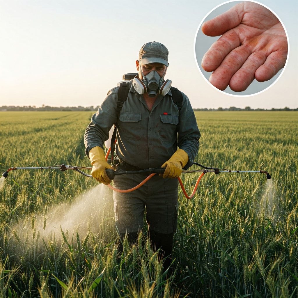 Allergie professionali cutanee: Fotografia realistica di un lavoratore agricolo all'aperto, con indumenti protettivi parziali (guanti e mascherina), mentre manipola fertilizzanti o pesticidi. Sfondo con campi coltivati e un dettaglio delle mani che mostrano lievi segni di irritazione cutanea