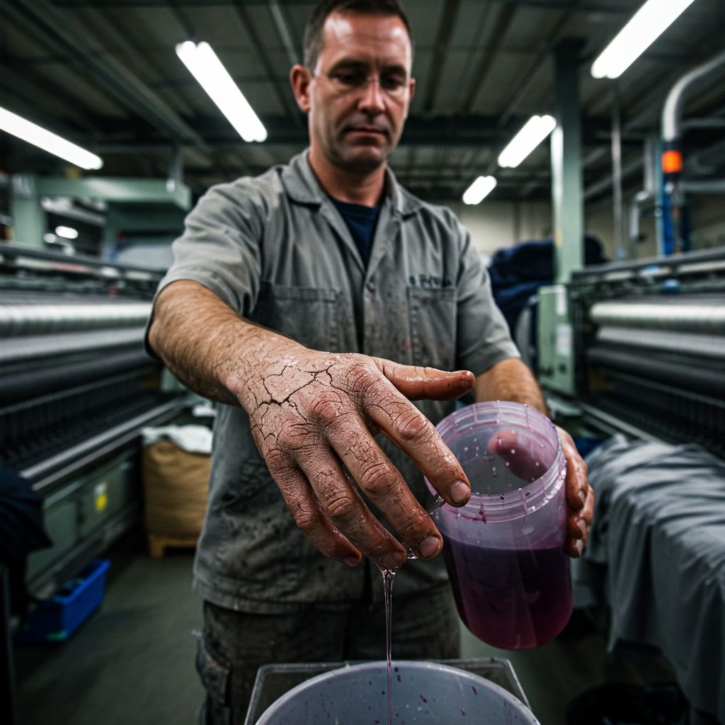 Allergie professionali cutanee: "Immagine realistica di un operaio nel settore tessile, con indumenti da lavoro, che manipola coloranti sintetici in polvere o liquidi. Le sue mani mostrano segni di secchezza e screpolature, con particolare attenzione ai dettagli della pelle danneggiata."