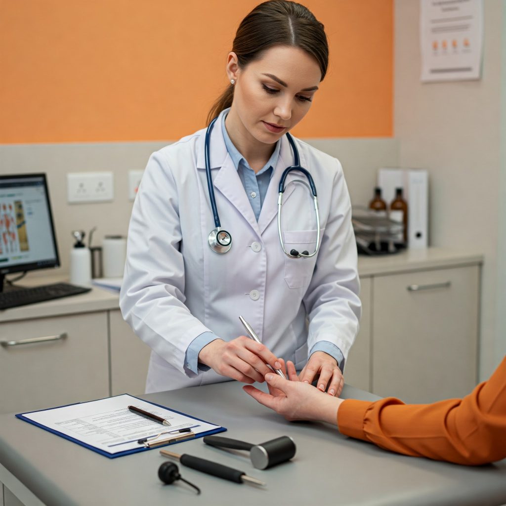 Allergie professionali cutanee: Fotografia realistica di un team di sorveglianza sanitaria in un ambiente aziendale moderno. Un medico sta consultando un lavoratore, mentre sullo sfondo si vedono poster informativi sulla sicurezza sul lavoro e dispositivi di protezione individuale (DPI).