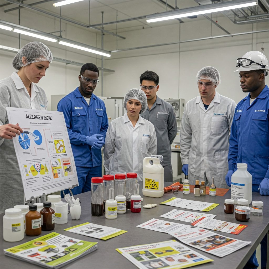 Allergie professionali cutanee: Scena realistica di una sessione di formazione sui rischi allergeni in un'azienda manifatturiera. Un gruppo di lavoratori indossa DPI e ascolta un istruttore che spiega i rischi di esposizione a sostanze chimiche. Sul tavolo ci sono campioni di sostanze industriali e opuscoli informativi.