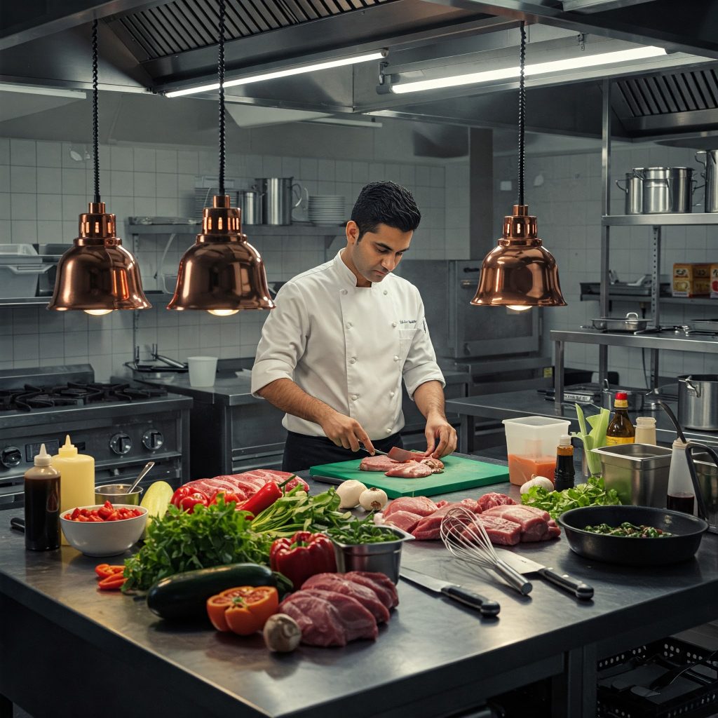 Allergie professionali cutanee: "Immagine realistica di un cuoco o addetto alla preparazione alimentare. Il contesto è una cucina industriale con utensili da cucina e ingredienti sul banco di lavoro."
