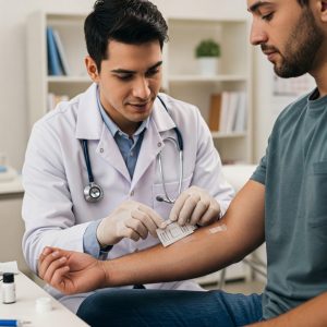 Allergie professionali cutanee: Fotografia realistica di un medico che applica un patch test sul braccio di un paziente uomo. Sullo sfondo, uno studio medico con strumenti e documenti correlati. Dettaglio ravvicinato delle strisce del patch test applicate sulla pelle del paziente maschio. Si devono vedere sia il dottore che il paziente