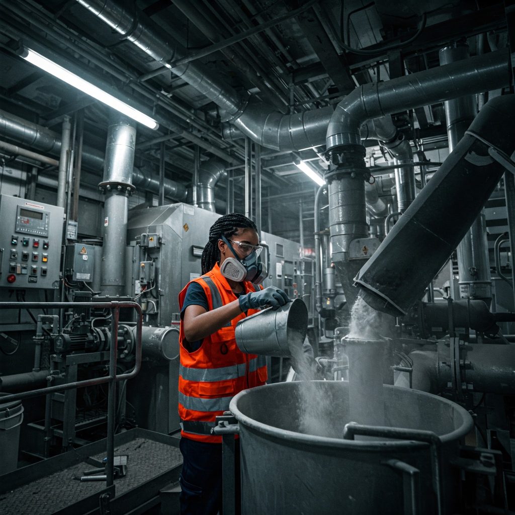 Allergie professionali respiratorie: Ambiente industriale con macchinari e sistemi di ventilazione, dove un operaio indossa una mascherina antipolvere mentre manipola sostanze chimiche in polvere.