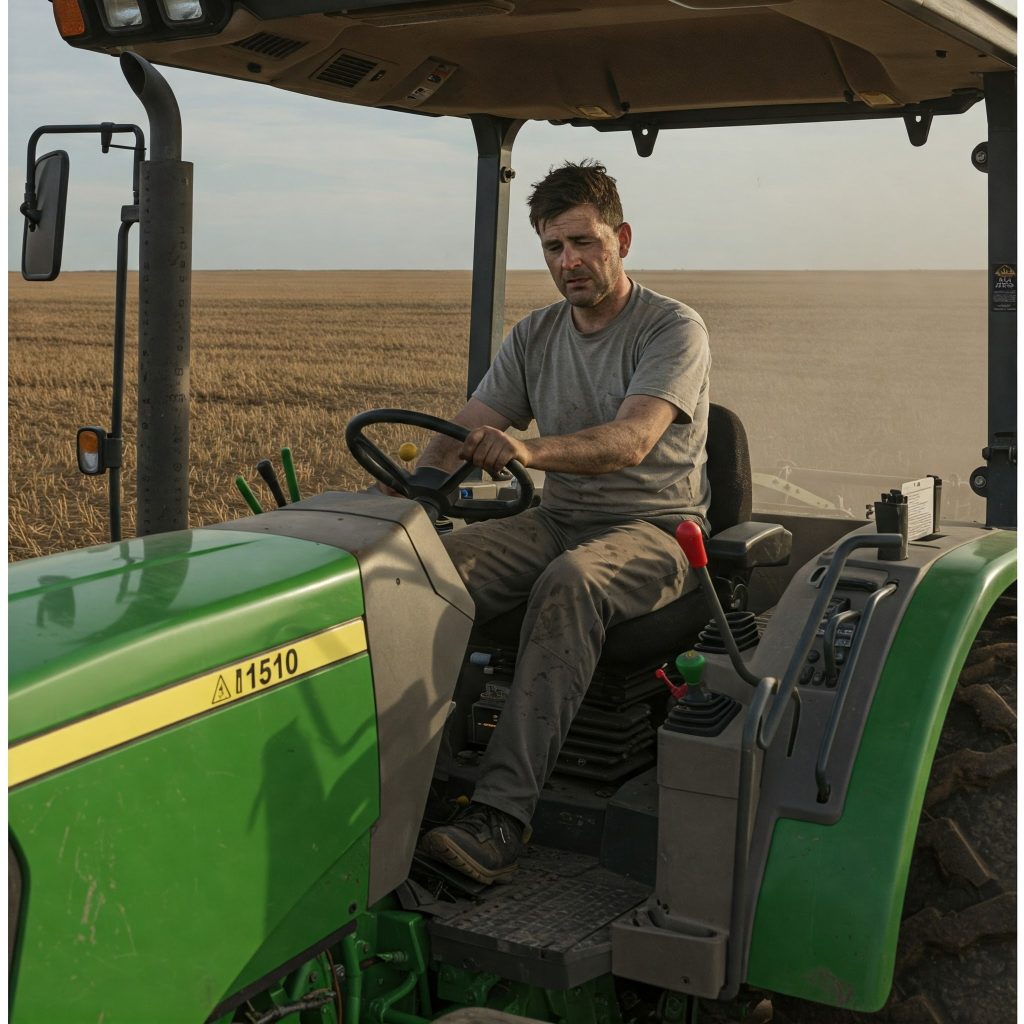 Rischio vibrazioni: Un conducente di trattore agricolo seduto nella cabina di un moderno trattore verde, impegnato a lavorare in un campo aperto. Il sedile ha sistemi di ammortizzazione visibili, mentre il conducente mostra segni di affaticamento fisico dopo ore di guida su terreni irregolari.
