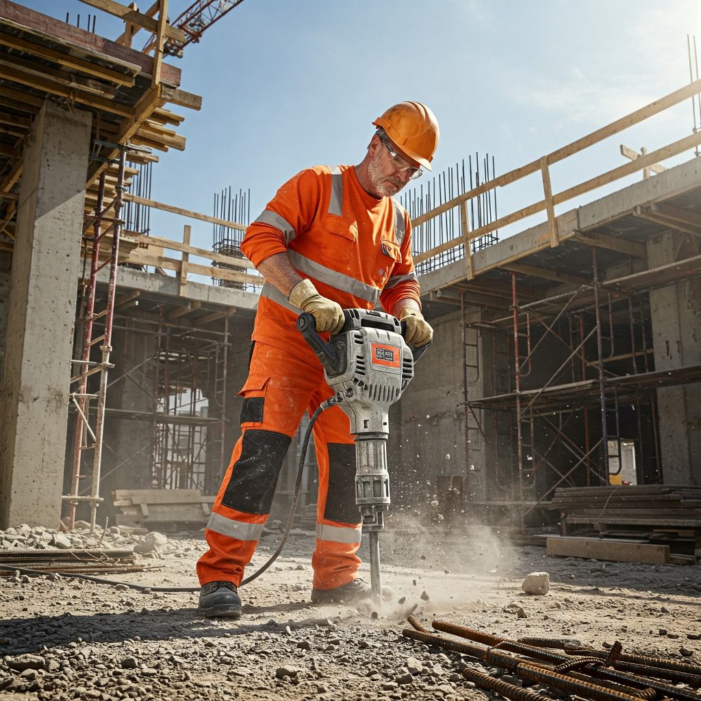 Rischio vibrazioni: Un operatore edile maschio, vestito con indumenti da lavoro arancioni e casco protettivo, utilizza un martello pneumatico su un cantiere. Il martello produce vibrazioni evidenti.