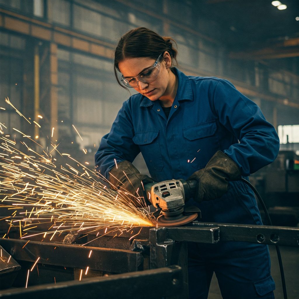 Rischio vibrazioni: Una donna operaia in un ambiente industriale, con indumenti protettivi blu e occhiali di sicurezza, intenta a utilizzare una smerigliatrice industriale su una superficie metallica. Le vibrazioni della smerigliatrice sono evidenti, con scintille che si sprigionano durante l'uso