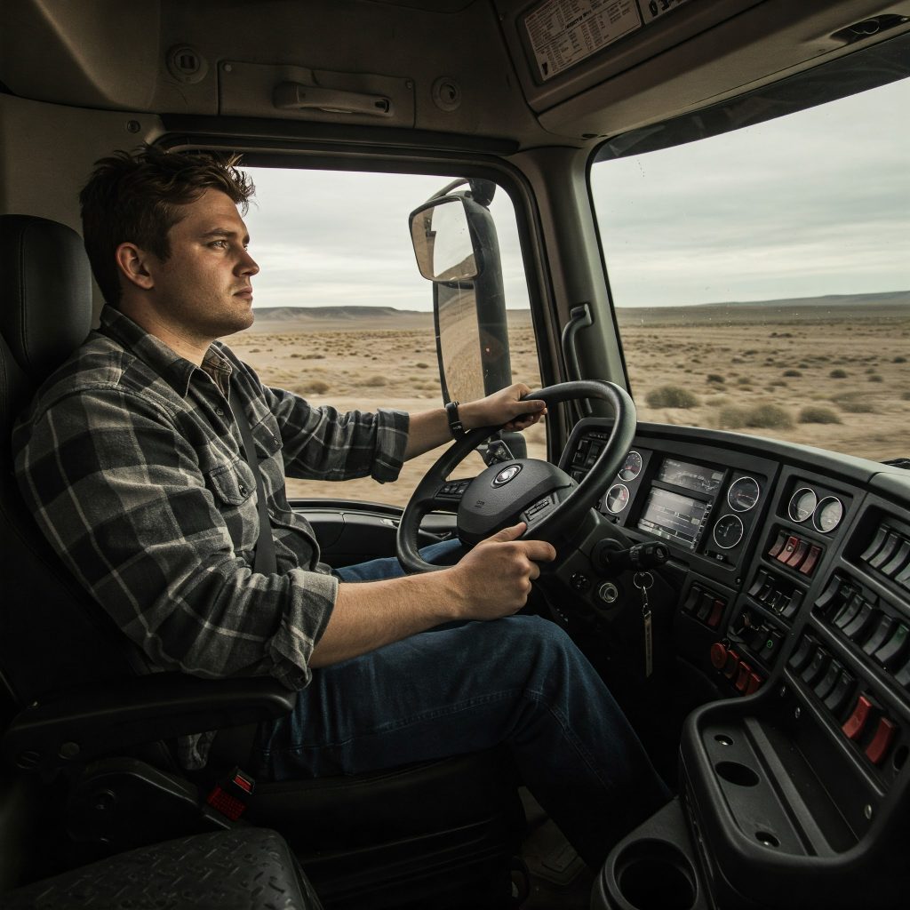 Rischio vibrazioni: Un camionista maschio alla guida di un camion pesante su una strada sterrata. Il volto mostra segni di stanchezza, mentre le vibrazioni del veicolo sono trasmesse attraverso il sedile ergonomico. Il cruscotto del camion è dettagliato, con strumenti digitali e luci accese