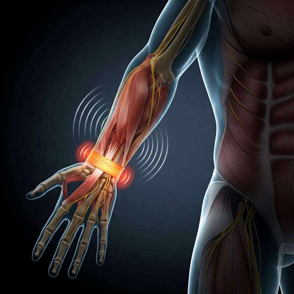 Rischio vibrazioni: Una rappresentazione grafica realistica delle vibrazioni mano-braccio. Un'immagine anatomica delle mani e delle braccia umane con linee vibranti che si irradiano dalle mani fino ai muscoli e ai nervi, evidenziando l'impatto delle vibrazioni sul sistema neurologico