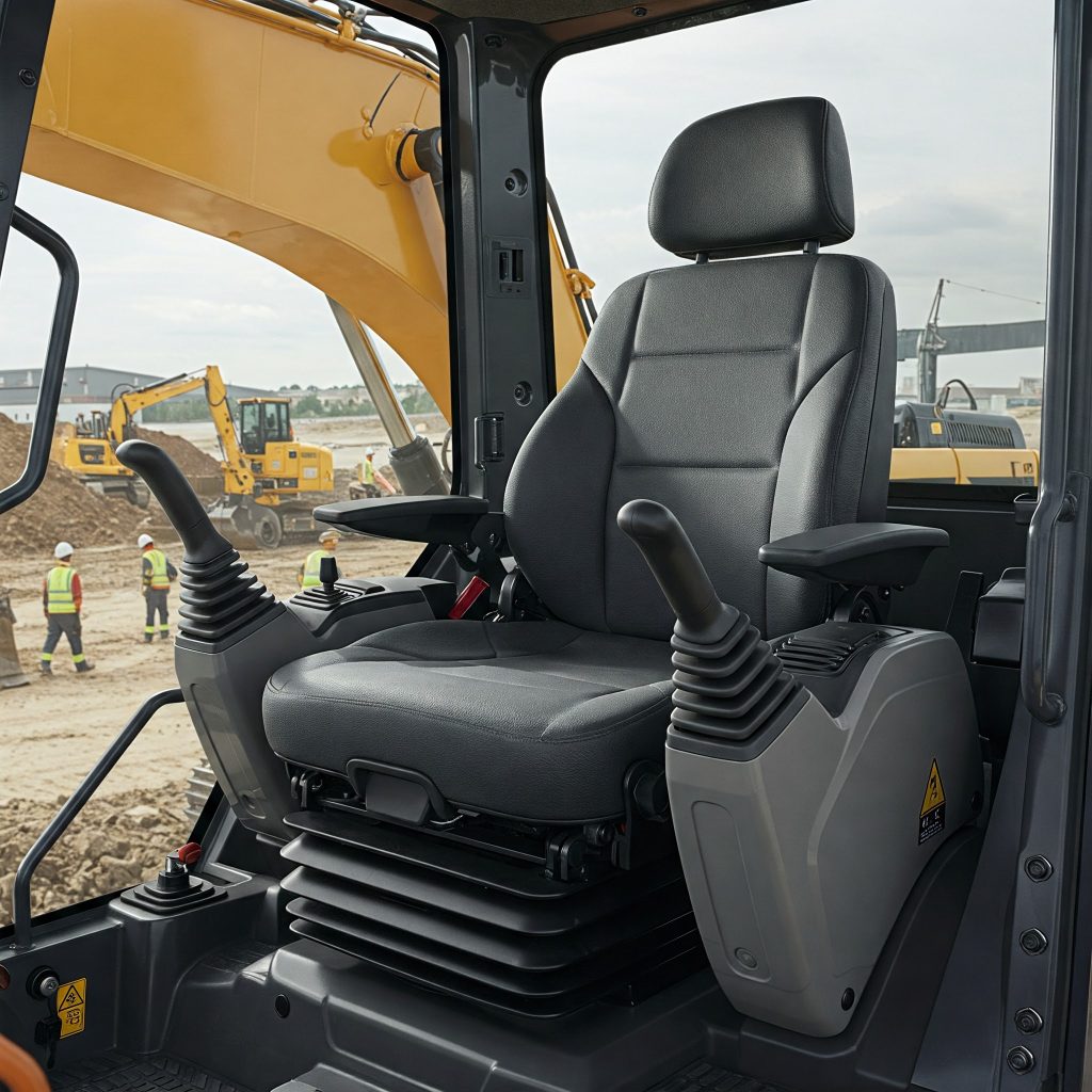 Rischio vibrazioni: Un sedile ergonomico ammortizzato all'interno della cabina di un escavatore industriale. Il sedile è progettato per ridurre le vibrazioni corpo intero, con dettagli tecnologici come molle idrauliche e rivestimenti imbottiti. Lo sfondo mostra un cantiere edile attivo.
