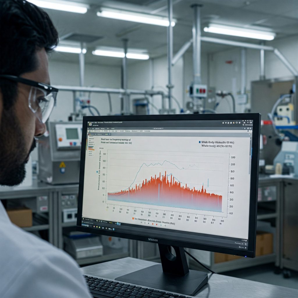 Rischio vibrazioni: Un grafico scientifico realistico che rappresenta le frequenze dannose delle vibrazioni mano-braccio (6,3 – 1.250 Hz) e corpo intero (0,5 – 80 Hz). Il grafico è visualizzato su uno schermo di un computer, con un ingegnere che lo osserva attentamente in un laboratorio di analisi.