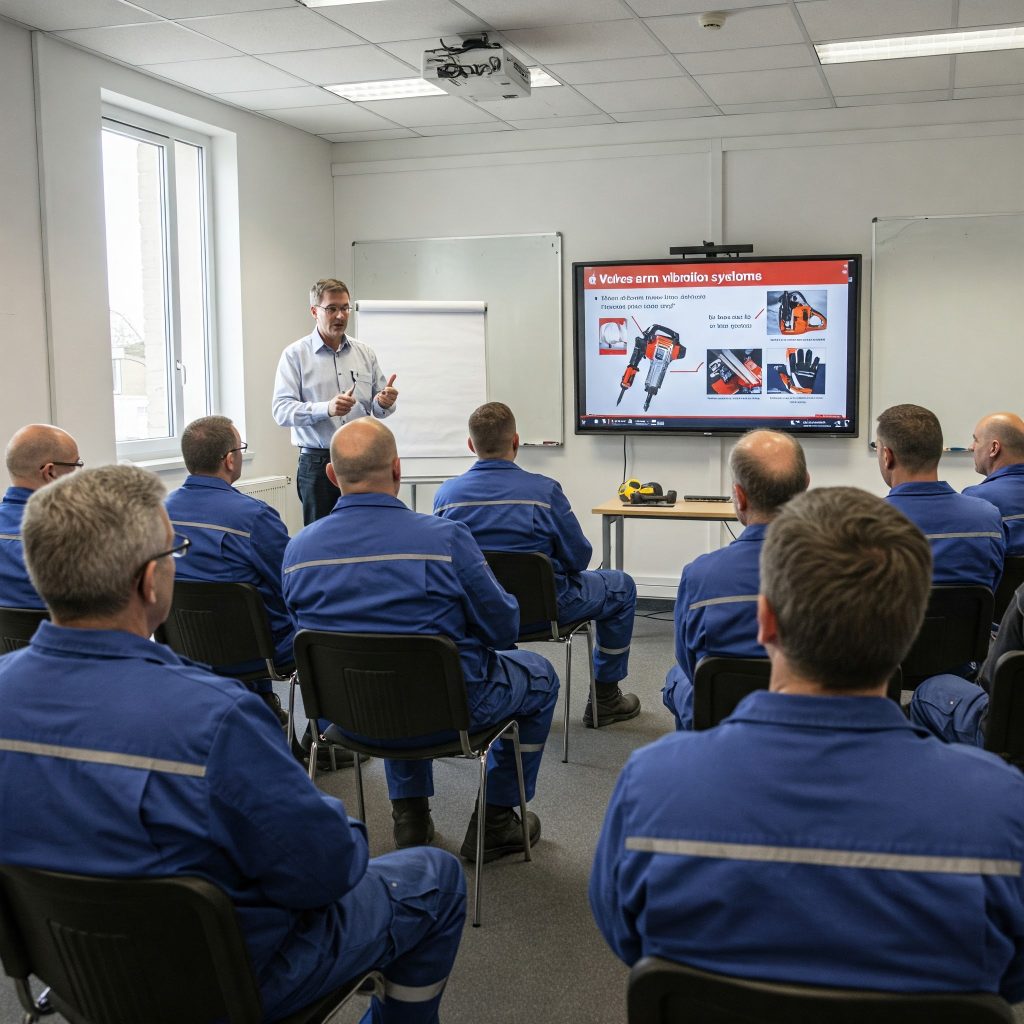 Rischio vibrazioni: "Un gruppo di lavoratori in tuta da lavoro blu seduti in una sala riunioni, intenti ad ascoltare un formatore che spiega il rischio vibrazioni sul lavoro. Sullo schermo alle spalle del formatore è visibile una presentazione con immagini di macchinari vibranti e DPI antivibrazione.