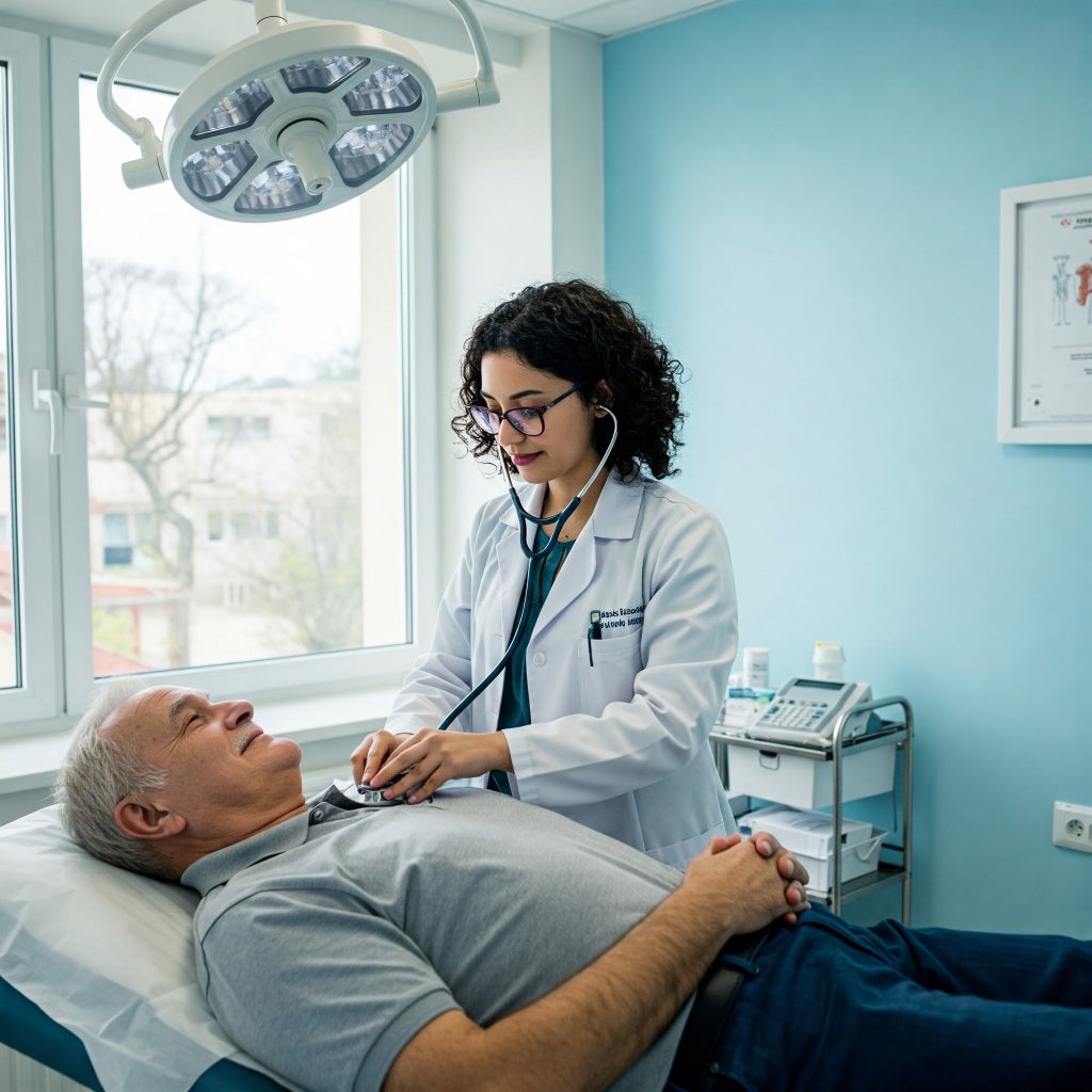 Allergie professionali respiratorie: Un medico del lavoro che effettua una visita medica a un paziente , in uno studio medico luminoso e moderno.