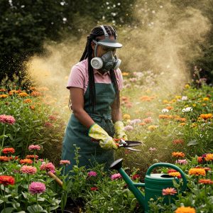 Allergie professionali respiratorie: Un giardiniere che lavora all'aperto con attrezzature da giardinaggio, circondato da piante fiorite e pollini aerodispersi, con un'enfasi sulla protezione respiratoria.