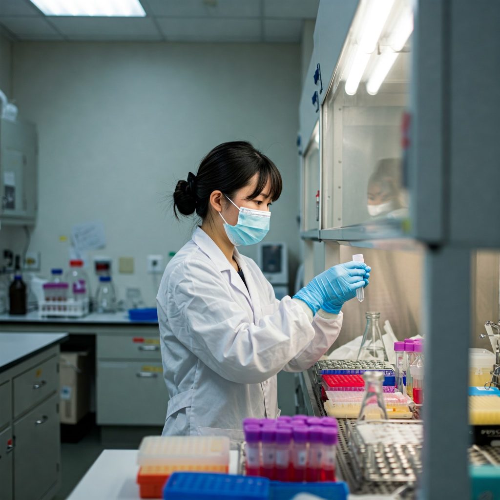 Allergie professionali respiratorie: Una scena di un laboratorio ospedaliero, dove un operatore sanitario indossa guanti e mascherina mentre gestisce campioni biologici, per prevenire l'esposizione a allergeni.