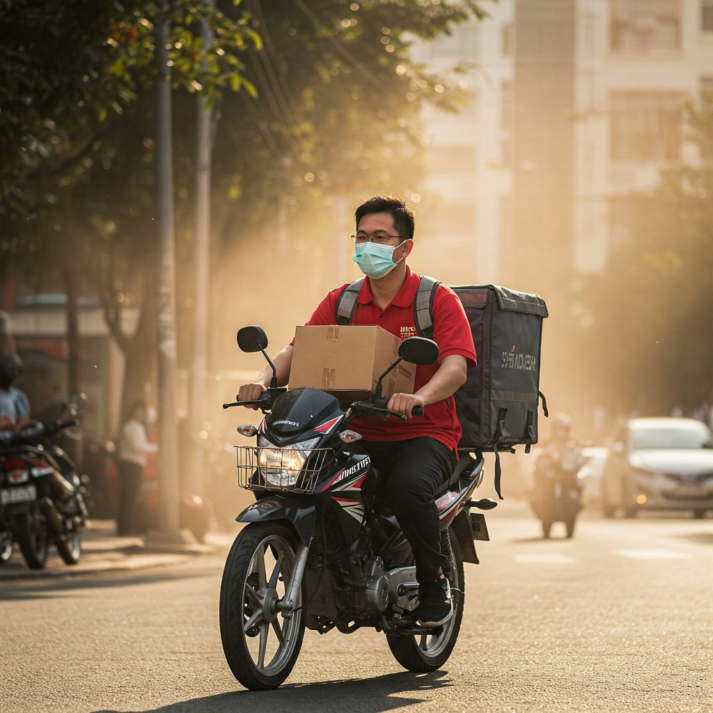 Allergie professionali respiratorie: Un ambiente di lavoro outdoor con un rider che consegna pacchi sotto il sole, esposto a polveri urbane e inquinanti atmosferici, con un focus sulla sicurezza respiratoria, ha una mascherina