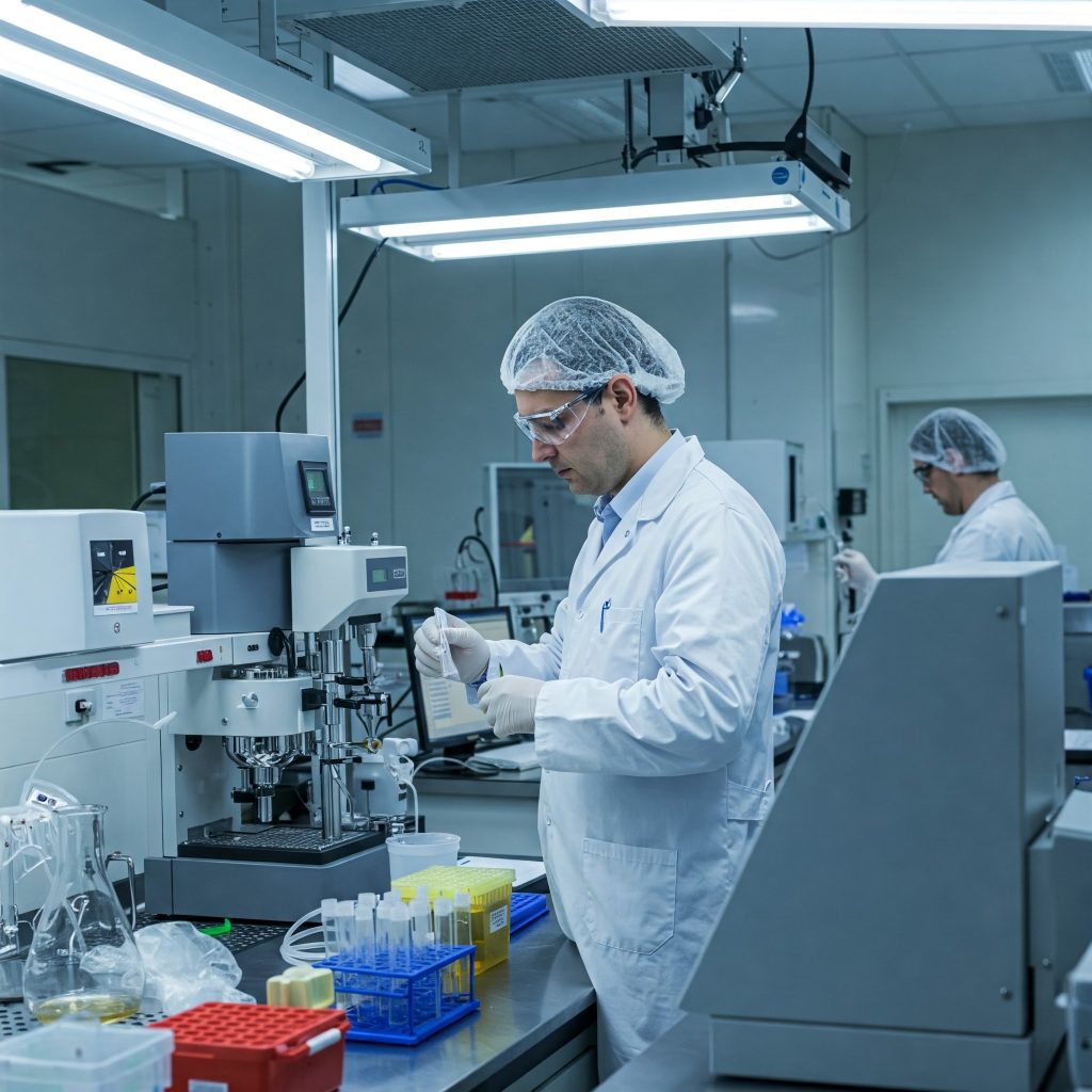 Procedure tossicodipendenza: Un laboratorio moderno dove si eseguono analisi tossicologiche su campioni di urine, con tecnici in camice bianco che utilizzano strumentazione avanzata come cromatografi e spettrometri di massa.