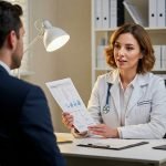 Procedure tossicodipendenza: Un medico che spiega i risultati di un test tossicologico a un lavoratore, mostrando un grafico o un referto con dati chiari, in un ambiente serio ma rispettoso della privacy.