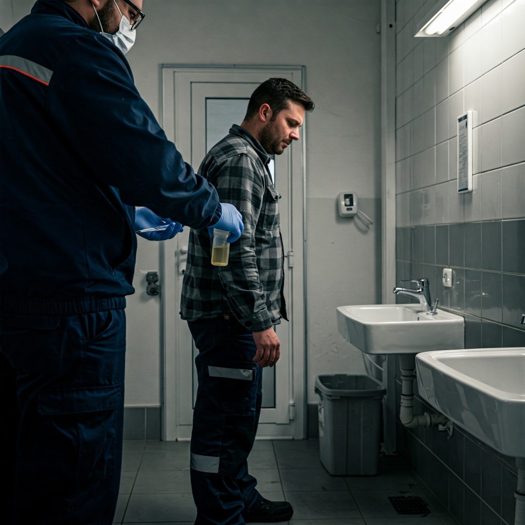 Procedure tossicodipendenza: Un monitoraggio cautelativo in corso: un lavoratore viene sottoposto a un test tossicologico a sorpresa in azienda, con un operatore che raccoglie un campione di urine in modo discreto e professionale.