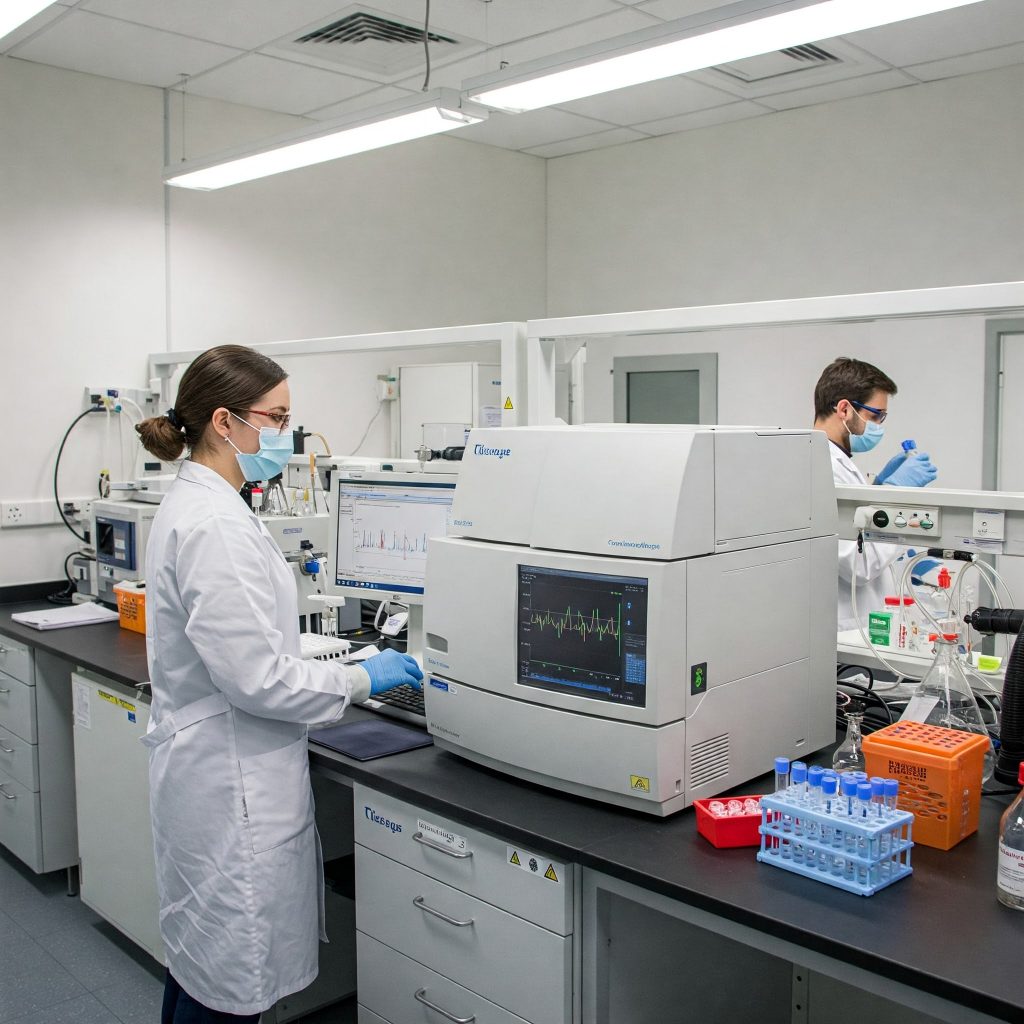 Procedure tossicodipendenza: Un laboratorio moderno dove si eseguono analisi tossicologiche su campioni di urine, con tecnici in camice bianco che utilizzano strumentazione avanzata come cromatografi e spettrometri di massa.