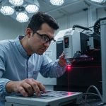 Rischi fisici: Operatore in laboratorio industriale che lavora con un laser ad alta potenza, occhiali protettivi obbligatori, pannello di controllo elettronico, ambiente tecnologico e sterile.