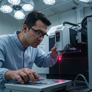 Rischi fisici: Operatore in laboratorio industriale che lavora con un laser ad alta potenza, occhiali protettivi obbligatori, pannello di controllo elettronico, ambiente tecnologico e sterile.